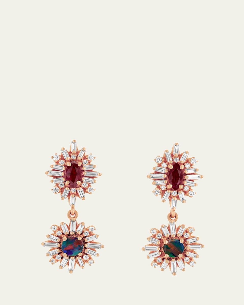 18K Rose Gold One Of A Kind Earrings with Ruby Marquise, Round Opals and White Diamonds